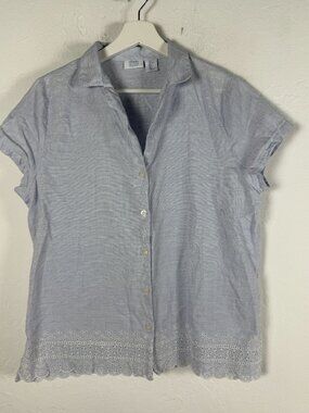 Sigrid Olsen Women Blue Pinstripe Cotton Button Up Sleep Shirt Eyelet Trim Large